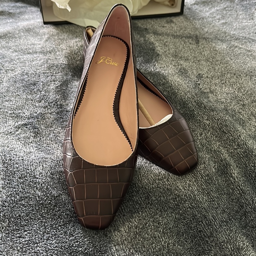 JCrew Brand New 7.5 US / 38 UK Dark Walnut Croc Embrossed Leather Flats